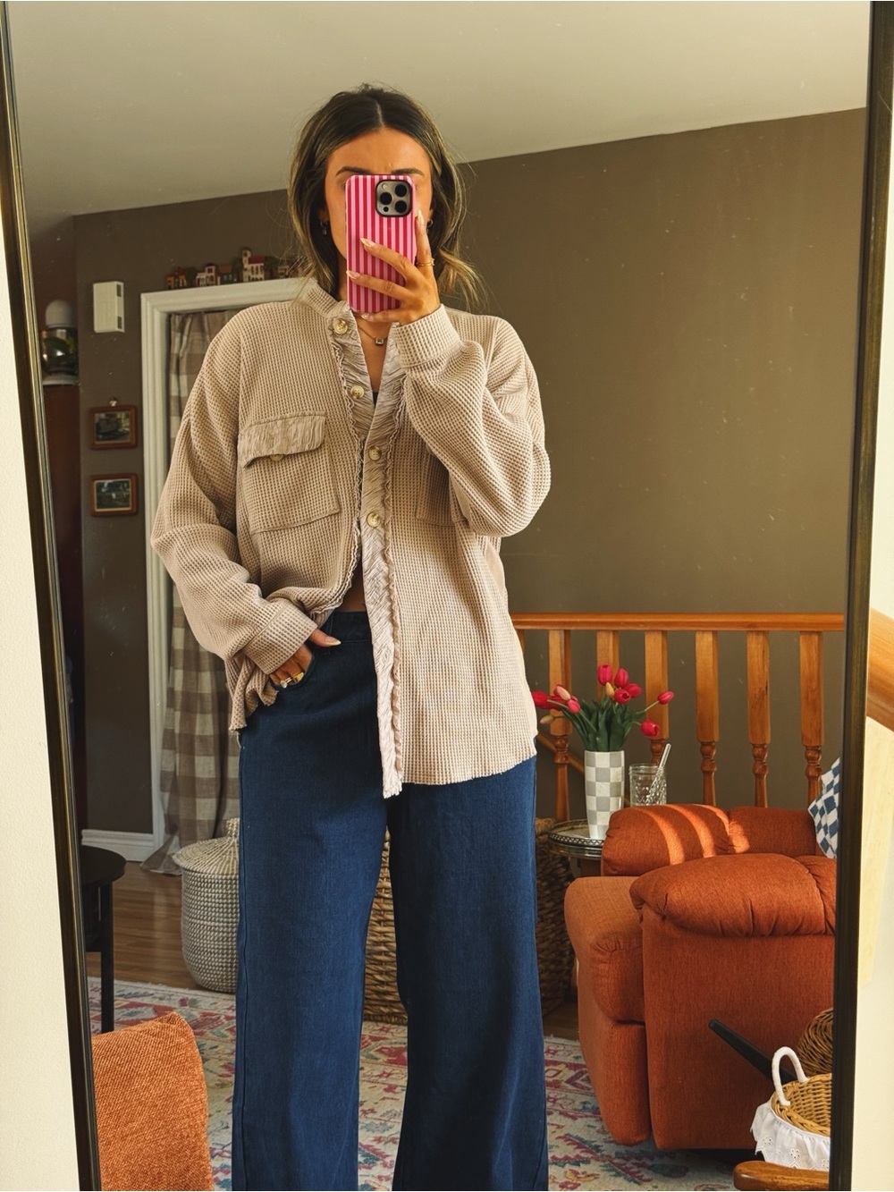 Amazon Beige Waffle Button-Front Utility Jacket